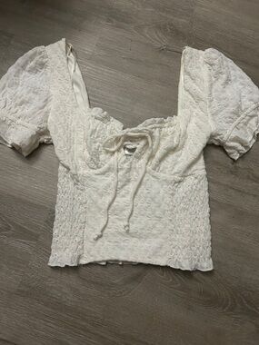 White Textured Puff Sleeve Smocked Peasant Top